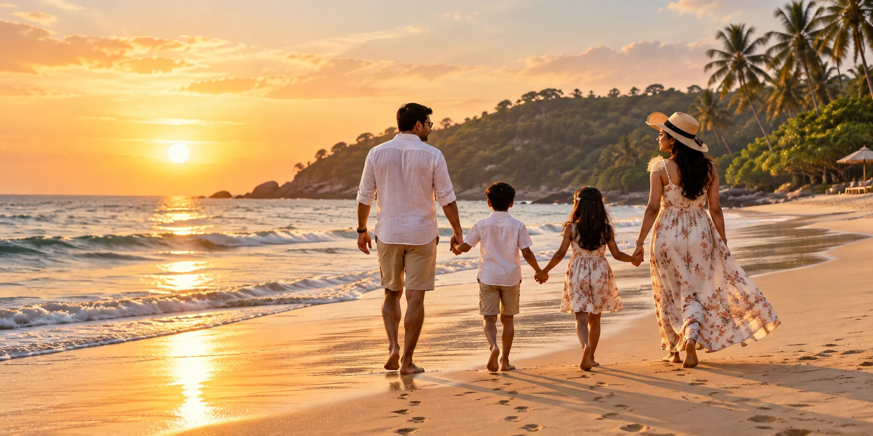 Family walking together on a tropical beach